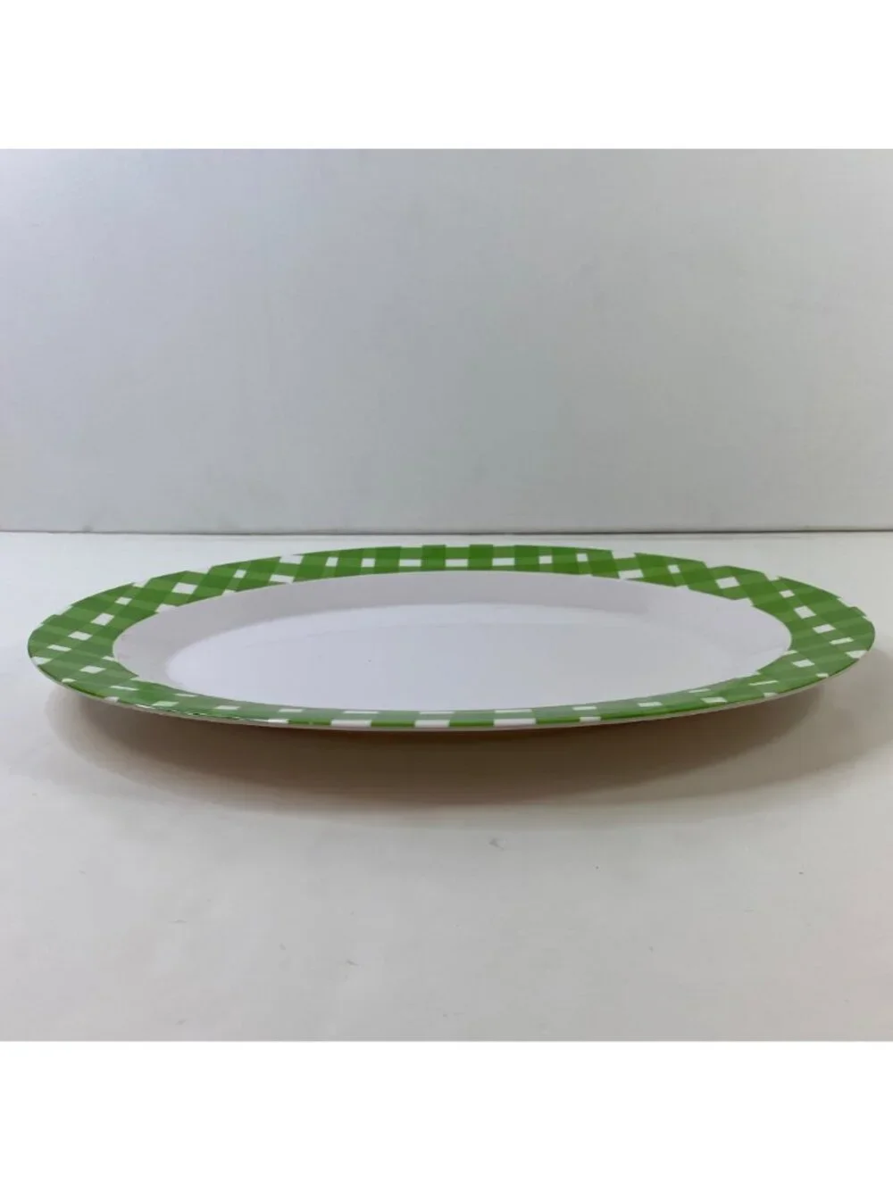 Oval Melamine Summer Serving Platter Green White Checkerboard Pattern